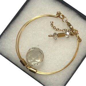 Brass Bangle Bracelet with Large Clear Faceted Crystal Charm and triple Wire